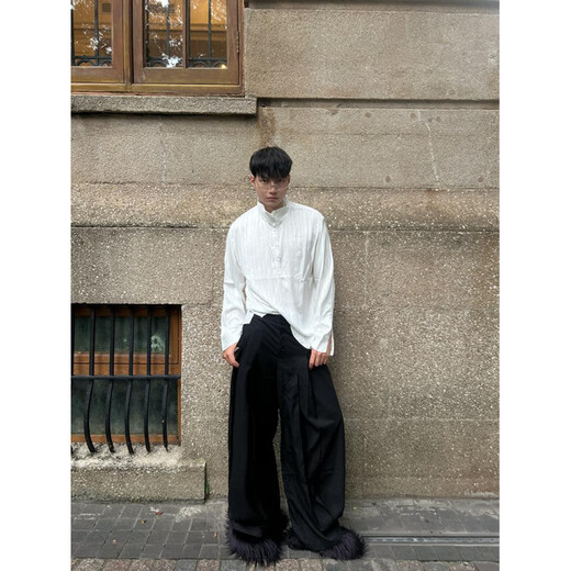 Zhaoxun old money style shirt retro striped noble glossy lazy style top men's loose drape silky Henry collar shirt white high quality M