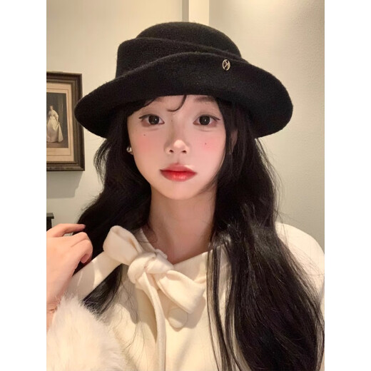 Ershanji French Hepburn daughter style retro knitted curled top hat fisherman hat women's autumn and winter mountaineering hat basin hat Hepburn style daughter hat black