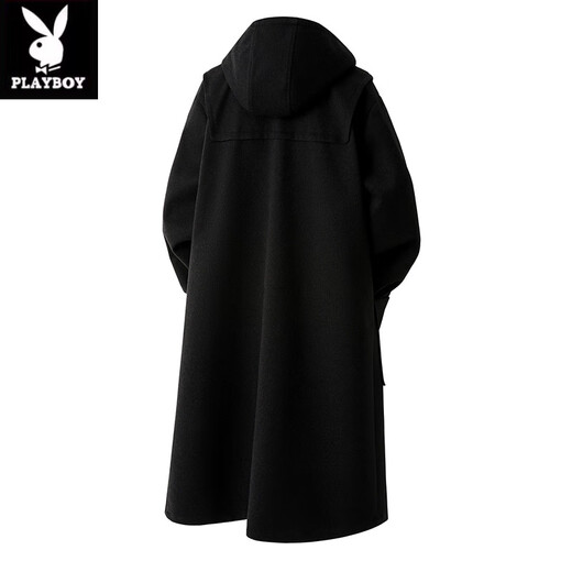 Playboy (PLAYBOY) Horn Button Woolen Coat Men's Mid-Length Over-the-Knee Hooded Windbreaker Spring and Autumn Premium Woolen Coat Men's Brown XL