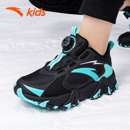 ANTA (ANTA) children's shoes, boys' shoes, sports shoes, warm plus velvet cotton shoes, autumn non-slip outdoor leisure sports snow boots for middle and large children, black/fluorescent aqua-4 35