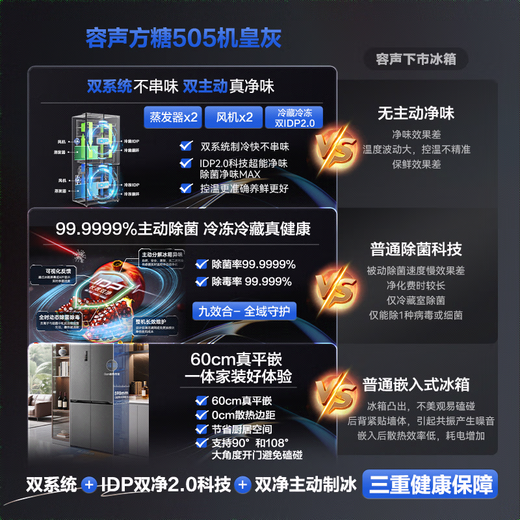 Rongsheng Refrigerator World Cup Customized Cube Sugar 505 King Cross Door Four-Door Refrigerator Dual System Ultra-Thin Embedded Automatic Ice Making Level One Energy Efficiency BCD-505P60CZNAD Cube Sugar 505 King Automatic Ice Making