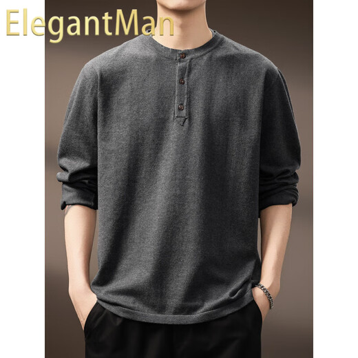 ElegantMan high-end American retro Henry long-sleeved sweater men's autumn new loose casual retro bottoming shirt dark gray S