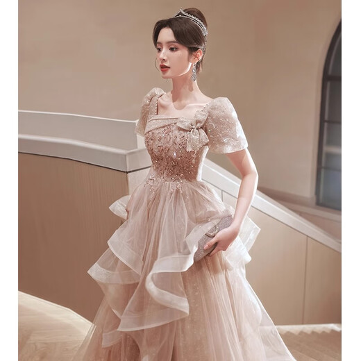 Fu Ling Piano Performance Wear Female High School Senior Evening Dress 2026 New Banquet Art Exam Light Luxury Niche High-end Main Champagne Color Mid-Length Version YH067 S