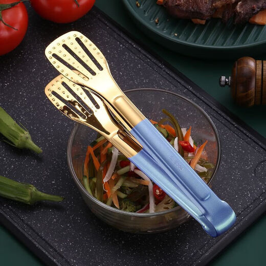 Qinkai ultra-thick stainless steel food tongs kitchen commercial anti-scald food tongs barbecue tongs steak tongs spicy hot 9 inches (length 23.5cm) stainless steel color (ordinary style)