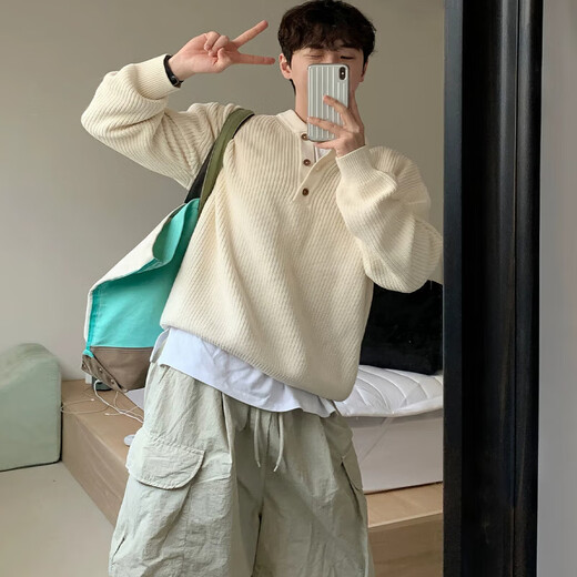 Guan Chen Old Money Style Henley Collar Sweater Men's Knitted Sweater Men's American Loose Long Sleeve Open Button Workwear Knitted Henley Sweater Black M