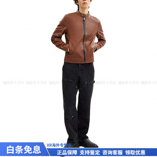 COACH Fashionable and Versatile Trend RACER Solid Color Stand Collar Zipper Closure Long Sleeve Leather Jacket Men's Rust Brown Christmas Rust Brown S