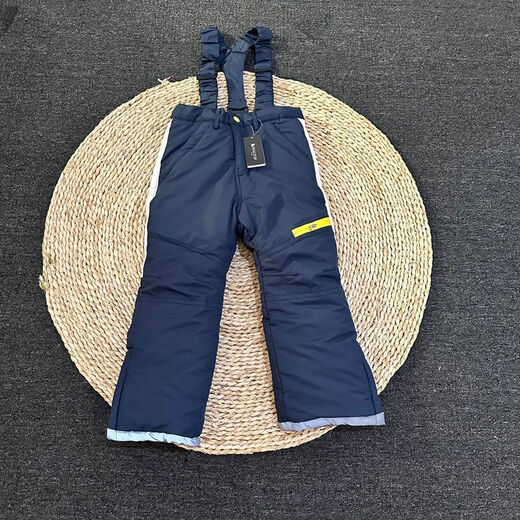 Autumn and winter children's outdoor thickened baby bag ski pants for small, medium and large children, boys' windproof and warm pants, navy blue with straps PT02, one size fits all 110