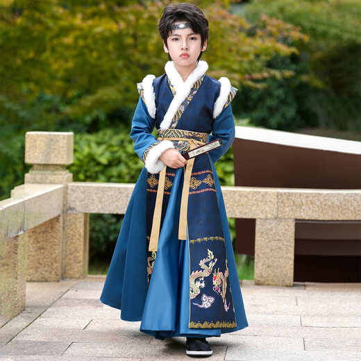 Anneyol Boys' Hanfu Autumn and Winter Chinese Style Ancient Costume Winter Children's Ancient Style Young Master Handsome Tang Suit Plus Velvet Blue 140
