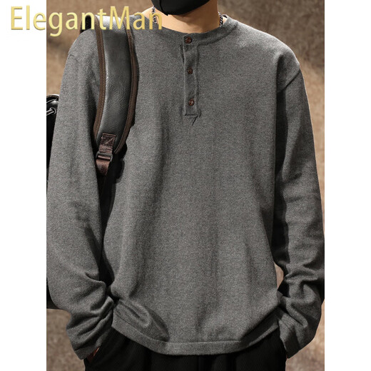 ElegantMan American retro tough guy Henry collar sweater men's autumn 2025 new long-sleeved T-shirt men's loose Henry shirt dark gray S _ 90-Jin Jin equals 0.5 kg