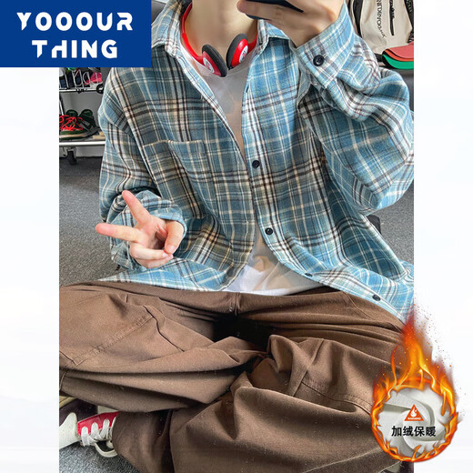 YOOOURTHING Amerikanisches Retro-Karohemd für Herren, langärmelig, Frühling, Herbst und Winter, plus samtverdicktes, lockeres Paar, vielseitige Freizeithemdjacke CJ9734-Gelb kariert plus Samt M (empfohlen 90–110 Jin entspricht 0,5 kg)