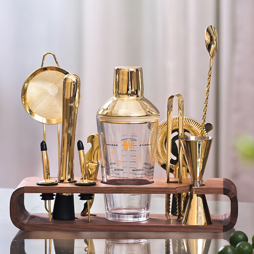 CLCEY cocktail shaker set gold 304 stainless steel glass scale gift box drink mixing tool shaker cup segmented glass set (bamboo and peach wood frame)