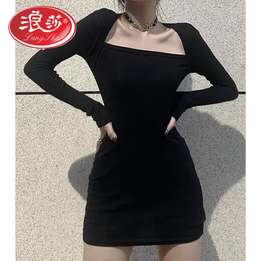 Langsha black square neck arm-wrapped short skirt with hot girl long sleeves slimming retro temperament sexy bottoming knitted dress for women black L