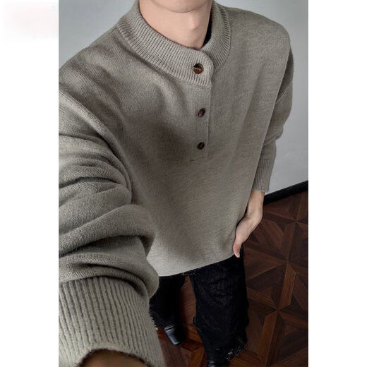 WPP old money Henry collar knitted sweater for men in autumn high-end lazy style long-sleeved bottoming shirt floral gray L