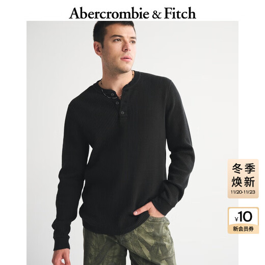 Abercrombie & Fitch Men's 25 Autumn and Winter New American Style Versatile Cotton Waffle Henley Collar Knitted Long-Sleeve T-Shirt 124-5645 Black M (180/100A)