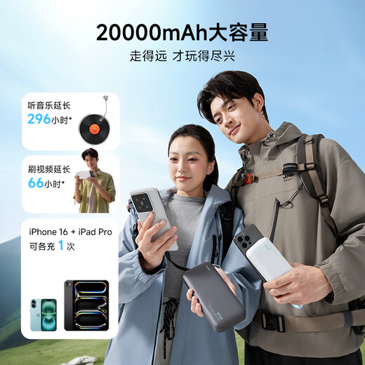 CUKTECH 3C certified CP24 power bank power bank 20000 mAh large capacity 40W fast charging with built-in cable suitable for Apple Xiaomi Huawei can be used on airplanes Nebula Gray 20000 mAh 40W fast charging with own cable