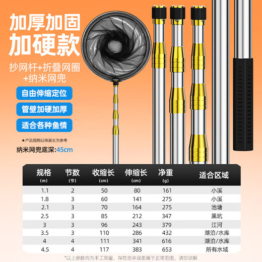 New stainless steel fishing net telescopic pole fishing net folding net head anti-hanging thick super hard large object fishing net fishing gear ultra thick super solid super hard net fishing pole with deepened net head 3m