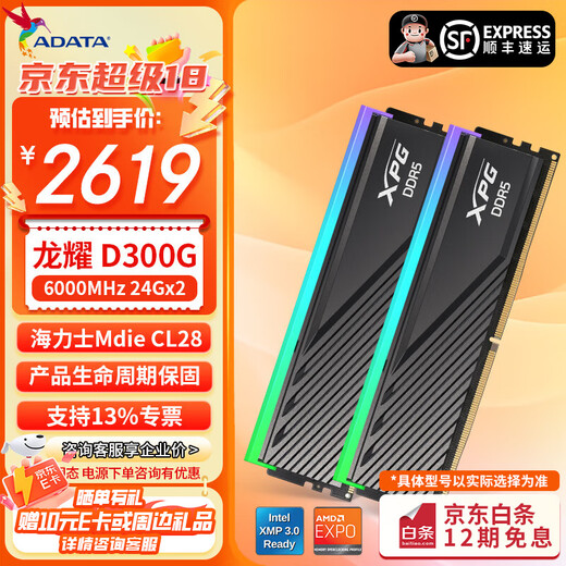ADATA 24G/48G (24G*2) set DDR5 6000 frequency AI computer accessories desktop memory bar Longyao D500G RGB light bar C28 timing Hynix new Mdie D300G/black light bar 6000 24G*2 C28