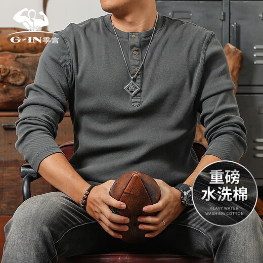 Ji Yan Luxurious tough guy style Henry collar long-sleeved T-shirt men's spring and autumn pure cotton bottoming shirt heavy retro casual top dark gray L