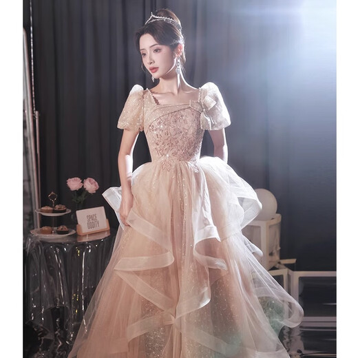 Fu Ling Piano Performance Wear Female High School Senior Evening Dress 2026 New Banquet Art Exam Light Luxury Niche High-end Main Champagne Color Mid-Length Version YH067 S