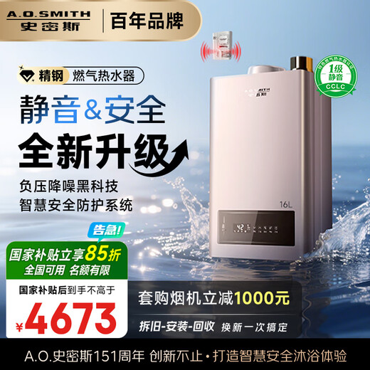 A.O.SMITH 16-liter stainless steel gas water heater, national subsidy, level 1 silent certification, safety protection JSQ31-EDQ6 new product