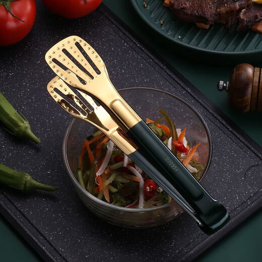 Qinkai ultra-thick stainless steel food tongs kitchen commercial anti-scald food tongs barbecue tongs steak tongs spicy hot 9 inches (length 23.5cm) stainless steel color (ordinary style)