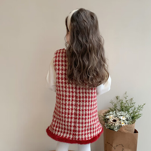 G.duck girls skirt autumn and winter small fragrance children's dress suit winter plus velvet New Year clothes baby girl one-year-old dress red two-piece set 140 recommended 130-140cm7-8 years old