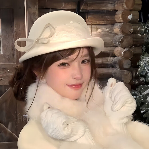 Fat Donglai's same style winter French lady lace bow woolen beret women's season 2025 new white bow woolen hat