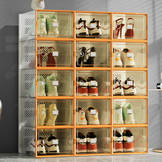 Shoebox (shoebox) shoe box storage box transparent shoe cabinet dormitory shoe artifact internet celebrity space-saving drawer folding sneaker plastic shoe rack high transparency model can hold 42 sizes small orange 32 pieces 0x0x0cm