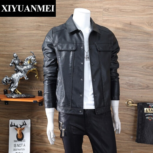 Nishihara Mei Nishihara Mei Lapel Leather Jacket Autumn and Winter Trendy Casual Simple Motorcycle Jacket Handsome Slim Leather Jacket Men's Outer Black L