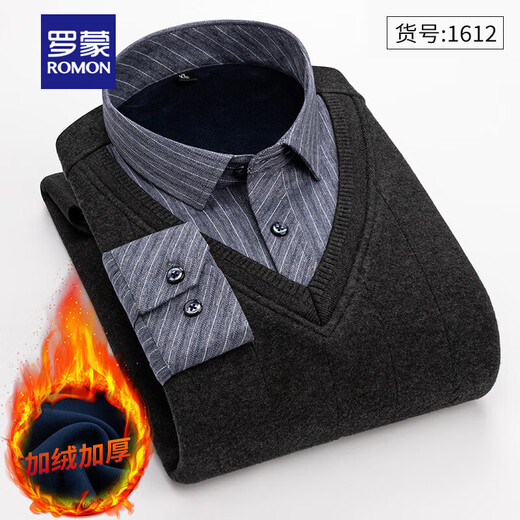 罗蒙（ROMON）冬季男士假两件套保暖衬衫领男长袖加厚加绒中年父亲装针织衫毛衣 灰色 1613 XL 【加绒加厚】