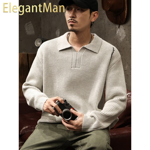 ElegantMan shirt collar sweater for men in autumn and winter Korean style soft waxy Henry collar sweater men's new polo collar coat floral gray M _ Suitable for -125Jin Jin equals 0.5kg