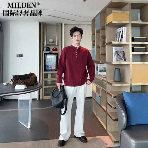 MILDEN international first-line brand autumn and winter lazy style Henry collar hemp pattern sweater men's loose fake two-piece versatile red floral gray S