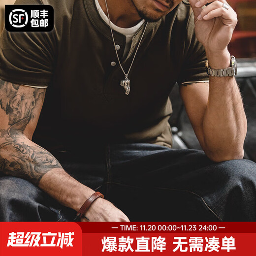 Madden workwear American muscle cleanfit heavyweight Henry shirt pure cotton old money style Ami khaki short-sleeved T-shirt men's summer military green size is too large/recommend one size smaller XL (180/100A)