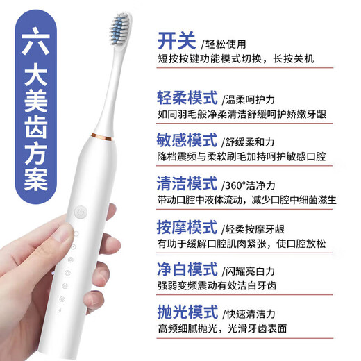 Adult rechargeable fully automatic sonic soft bristled waterproof couple set for men and women, white, with 4 brush heads + stand + storage box