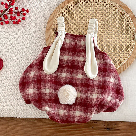 Baby girl's winter clothing plus velvet red New Year's romper plaid overalls khaki baby New Year's greetings attire baggy robe red khaki 66cm 66cm
