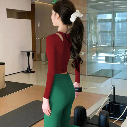 Double Show 2025 Super Hot Yoga Wear Set, Beautiful Pilates Long Sleeve Women's Padded Red New Year's and Christmas Fitness Top Ankora Red Top S 80-100