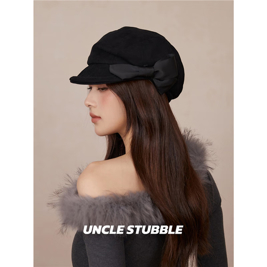 Thousand gold style bow newsboy cap for girls, Korean style sweet painter hat, autumn and winter warm woolen beret, reversible brim, black, one size fits all (55-59cm), adjustable