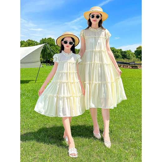 Shijanu parent-child clothing, mother-daughter summer bomb street parent-child clothing, new summer mother-daughter clothing, thin chiffon dress, stylish Korean version, green 110 cm weight 27-33Jin Jin equals 0.5 kg