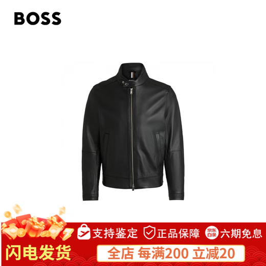 BOSS Motorcycle Style Sheepskin BOSS Men's Autumn 2024 New Stand Collar Double Zipper Retro Style Leather Jacket 001-Black 48