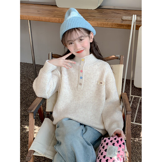 G.duck Girls' Sweater Autumn and Winter 2025 New Style Children's Sweater Big Children's Winter Sweater One-piece Velvet Thickened Khaki 160 cm