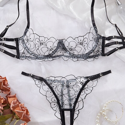 Universal French popular style sexy open-back underwear lace bra set with push-up see-through pure lust style temptation-free thong S 32/70ABCD