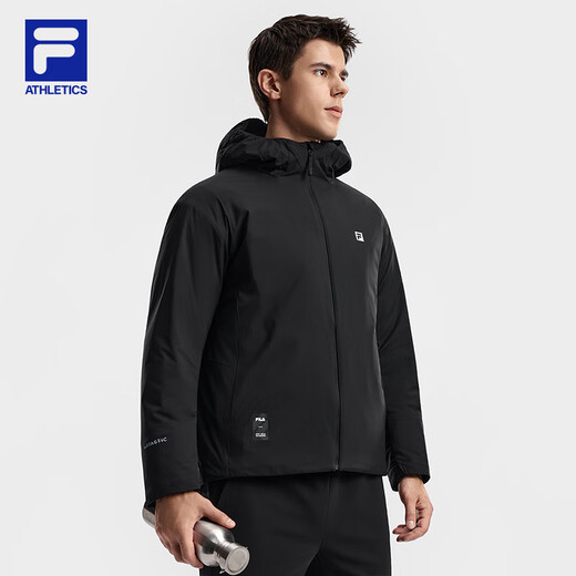 FILA Official Men's Cotton Clothes 2026 Spring New Fitness Sports Simple Loose Warm Hooded Jacket Dark Black-BK L 175/96A/L