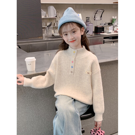 G.duck Girls' Sweater Autumn and Winter 2025 New Style Children's Sweater Big Children's Winter Sweater One-piece Velvet Thickened Khaki 160 cm