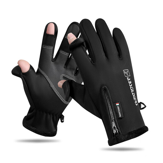 Autumn and winter cycling gloves, fishing, outdoor sports, velvet for cold protection and warmth, raw edge zipper flip, two-finger black M