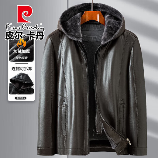 Pierre Cardin flagship store hooded removable velvet thickened men's leather jacket autumn and winter casual all-in-one velvet windproof warm leather jacket velvet black (hood removable) XL /180 size (recommended 130-145Jin Jin equals 0.5 kg)