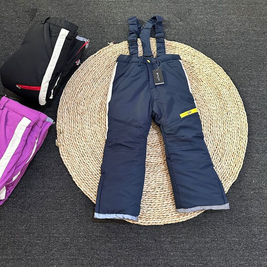 Autumn and winter children's outdoor thickened baby bag ski pants for small, medium and large children, boys' windproof and warm pants, navy blue with straps PT02, one size fits all 110