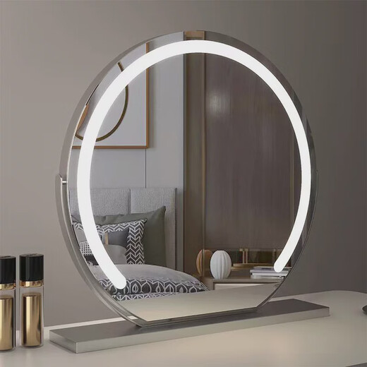 High-definition LED vanity mirror with light vanity mirror desktop smart home simple master bedroom semicircle silver 50 diameter rechargeable rotating touch three-tone lighting