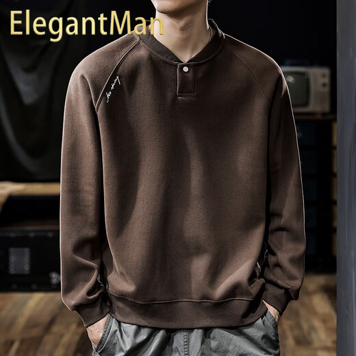 ElegantMan American retro heavyweight double-sided cotton sweatshirt for men 2025 autumn new loose Henry collar long-sleeved shirt for men dark brown M _suitable_-125Jin Jin is equal to 0.5 kg
