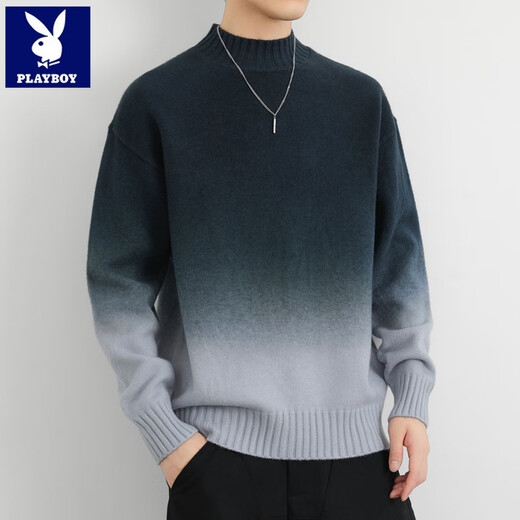 Playboy (PLAYBOY) 2025 new gradient sweater men's autumn and winter trendy and handsome bottoming new loose half turtleneck sweater LR9678 blue gray regular style XL recommended 130-150Jin Jin equals 0.5 kg
