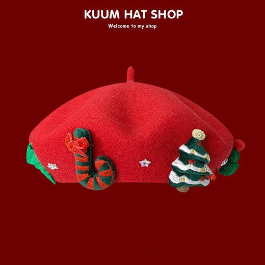 Aoyou Christmas beret Japanese sweet red wool woolen hat for women to keep warm in winter and versatile for student couples painter off-white M (56-58cm)